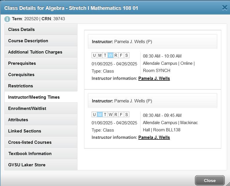 Class Details for Hybrid Synchronous Meeting Times